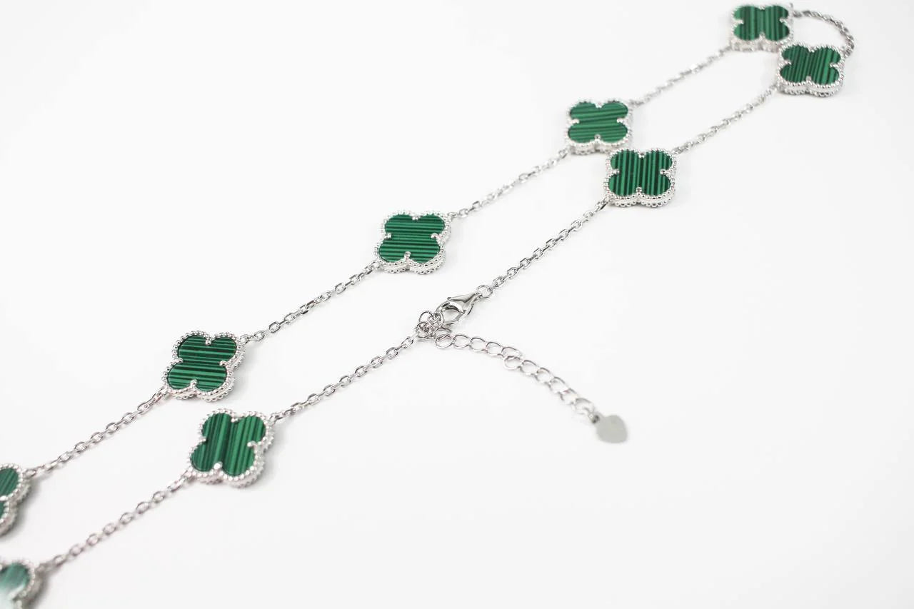 Silver Necklace Green Malachite clover