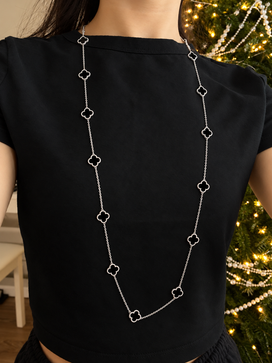 Long Silver Necklace Onyx Clovers