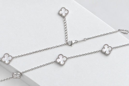 Long Silver Necklace Mother of Pearl Clovers