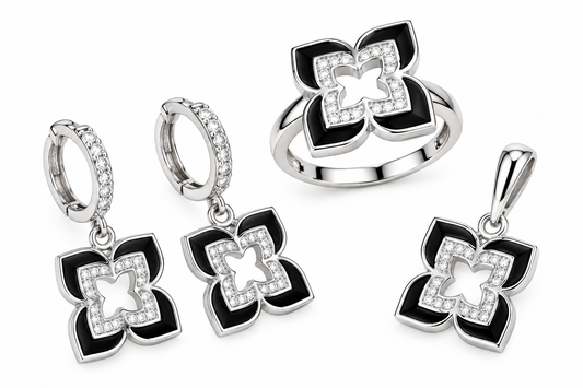 Silver Onyx Flowers Set