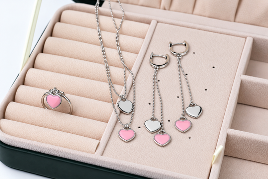 Silver Set Pink Hearts