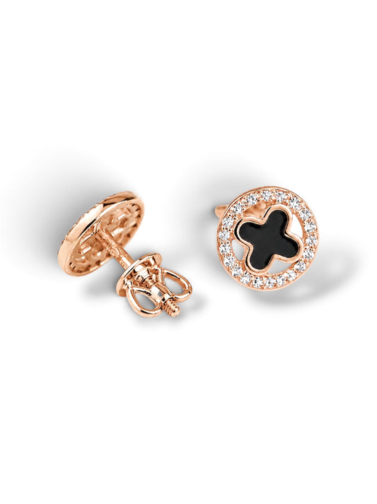 Stud Earrings with Black Enamel Flower
