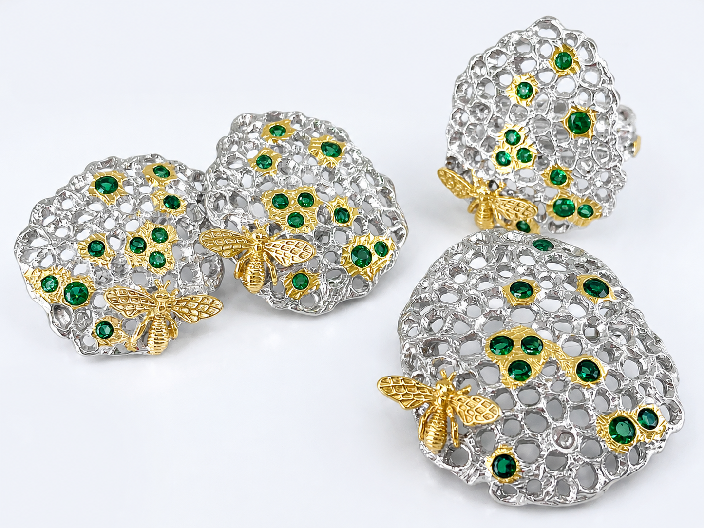 Little Golden Bee Honeycomb Silver Jewelry Set (Ring, Earrings, Pendant)