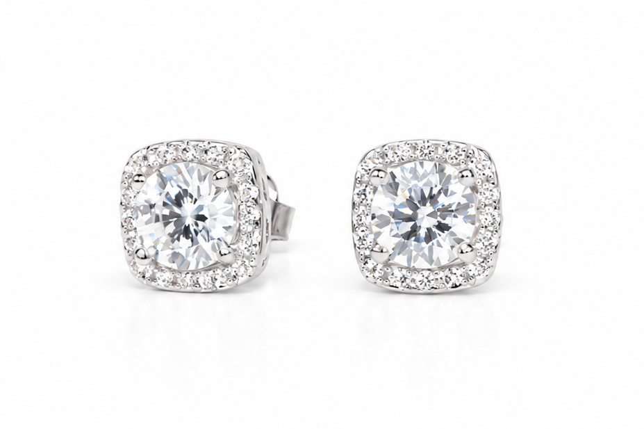 Silver Stud Earrings Squares with Zirconia stones