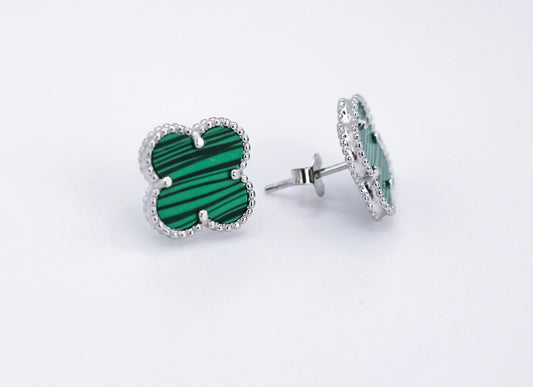 Silver Stud Earrings clover Malachite