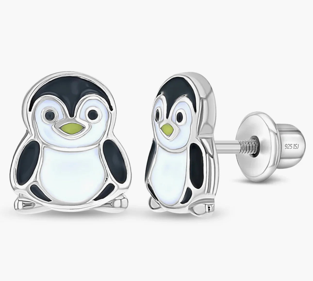 Silver Stud Kids Earrings Screw in lock Penguin