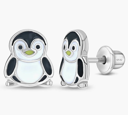Silver Stud Kids Earrings Screw in lock Penguin