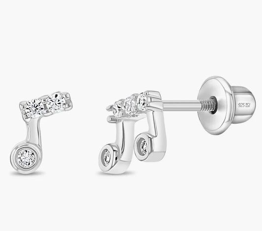 Silver  Kids Stud Earrings Music Note