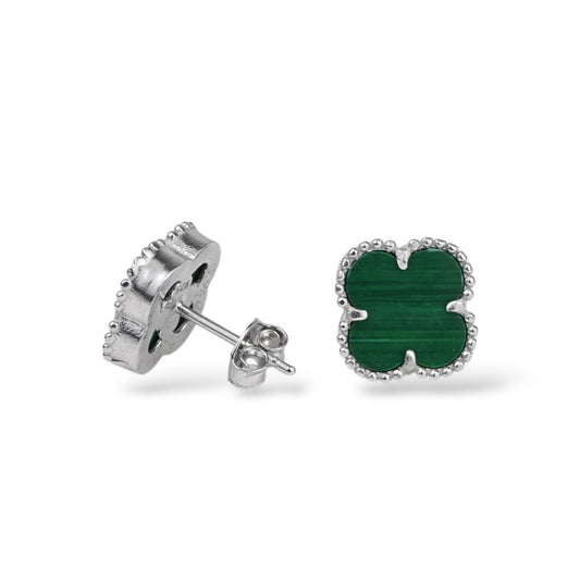 Silver Stud Earrings with Malachite clover