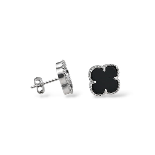 Silver Stud Earrings with Onyx clover