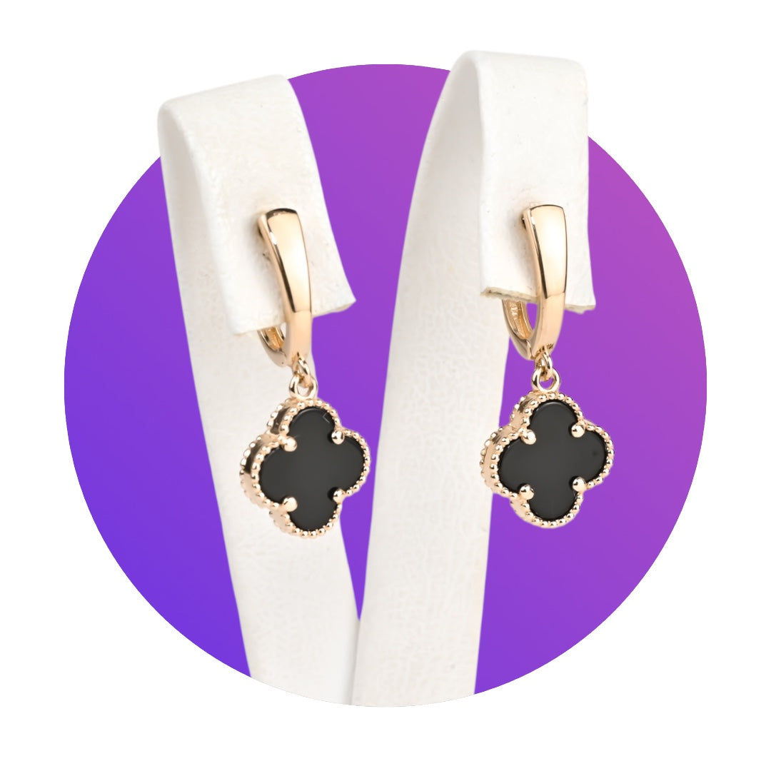 Dangle Earrings clover Onyx Rose Gold